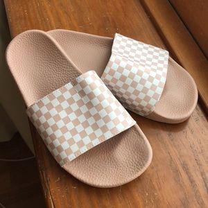 Light Pink Checkered Vans Slides